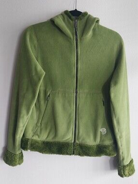 Mountain Hardware Green Fuzzy Trim Zip-Up Two Pocket Hoodeed Fleece Jacket
